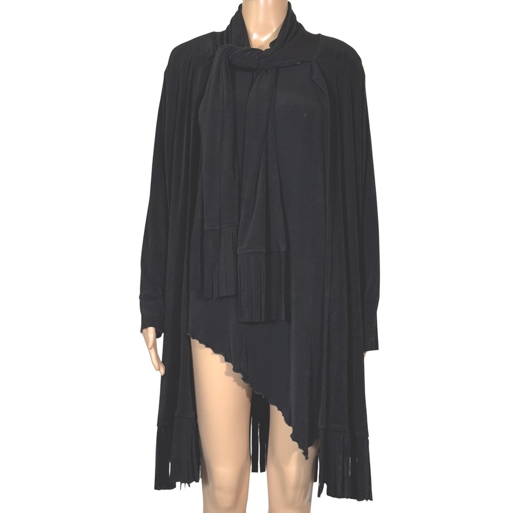 Chicos Travelers Black Cardigan Set Tunic Scarf Fringe Size 2 - Picture 4 of 9